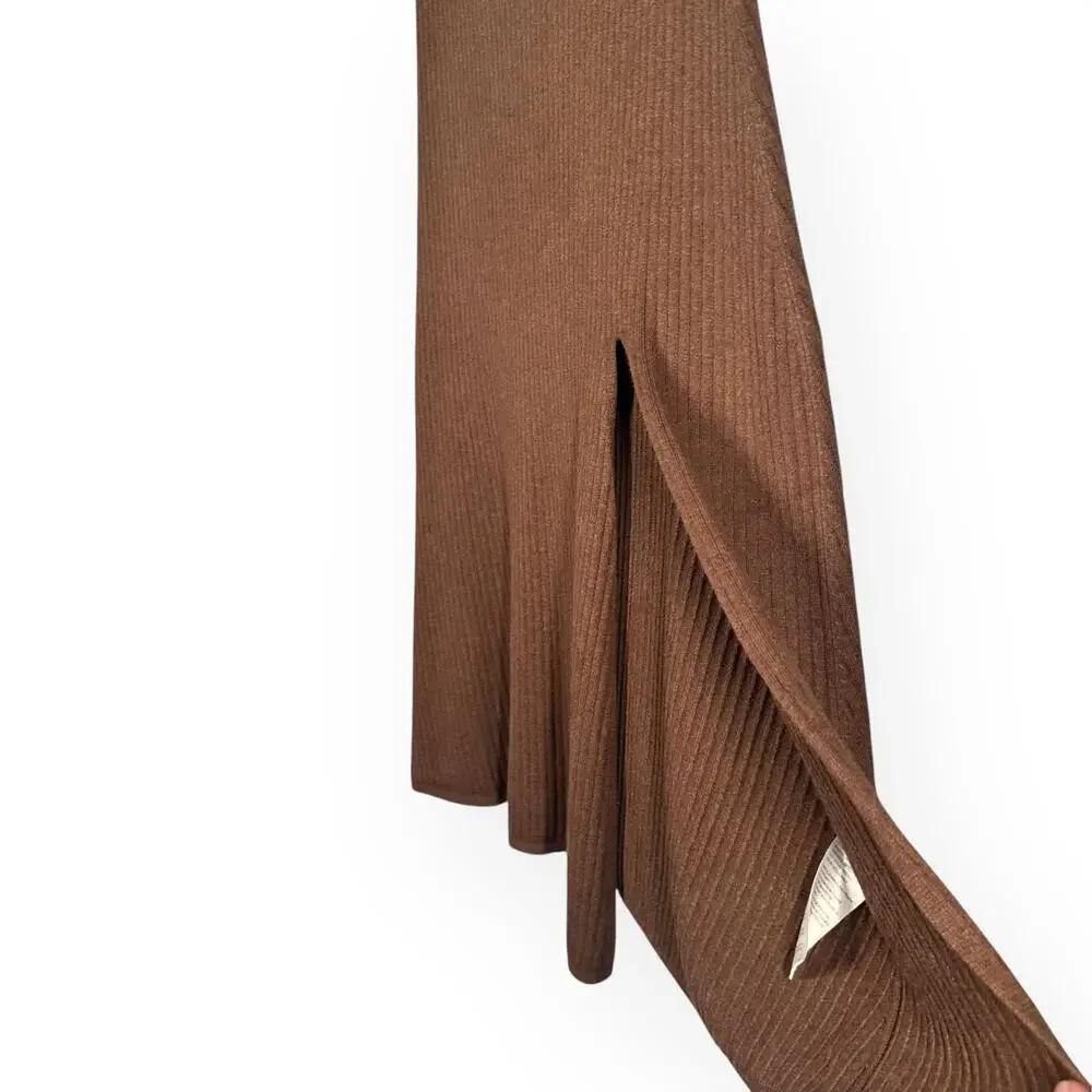 FREE PEOPLE Skyline Midi Skirt Ribbed Knit Front Slit Coquette Stretch Brown